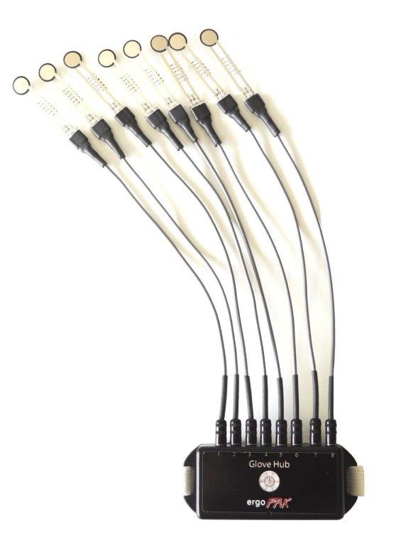 An ergoPAK™ ergoGLOVE set of six wires on a white background, featuring an FSR sensor system.